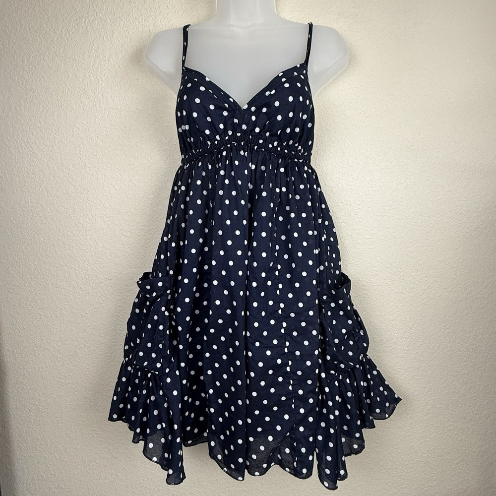 Moda Int'l 100% Cotton Blue White Polka Dot Sundress Sz S Lined Smocked Pockets